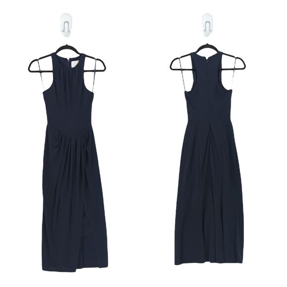 Cinq A Sept Women 0 Lezlie Dress Navy Blue Midi Stretch Jersey Split High Neck - Picture 1 of 11